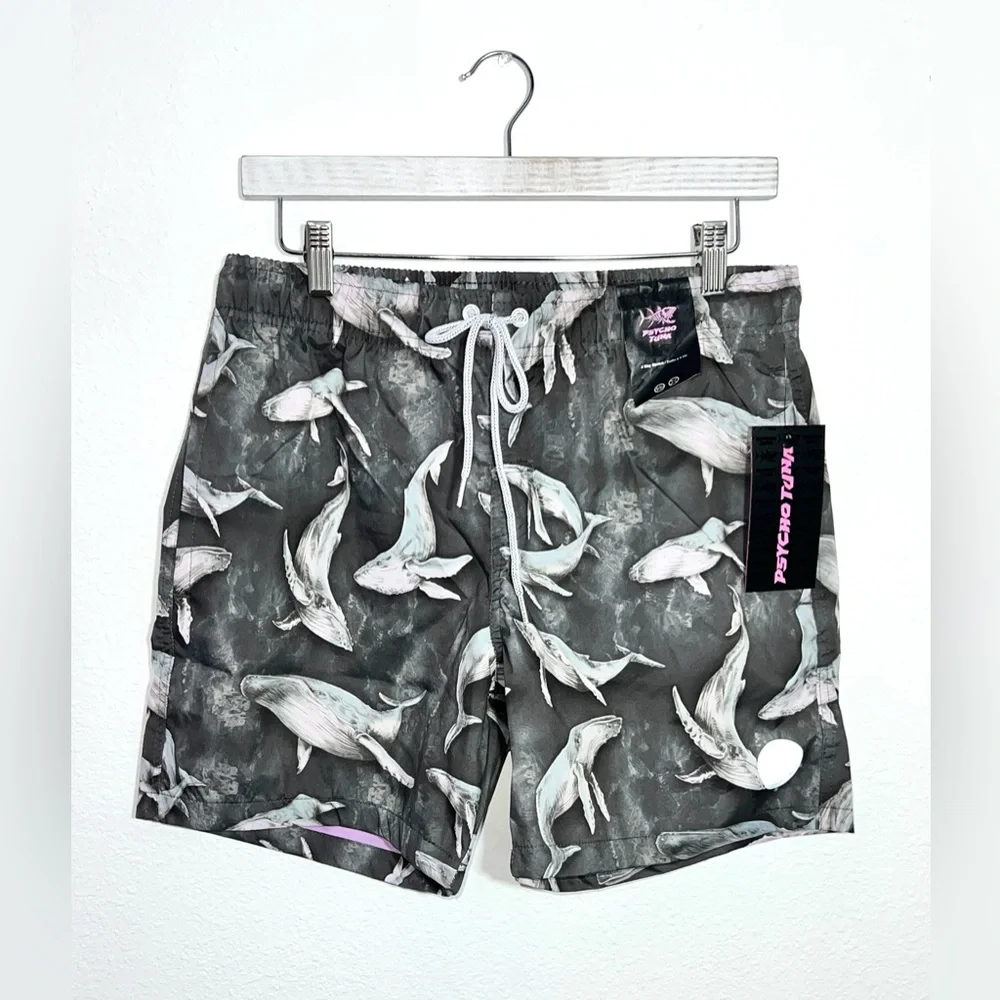 NWT Psycho Tuna Medium‎ Whale Print Charcoal  Board Shorts Swim Trunks